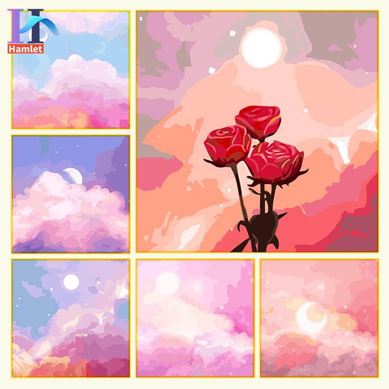 Bộ tranh sơn dầu Hamlet tô màu theo số hình bầu trời đầy sao mặt trời mặt trăng cho trẻ em cỡ 20 * 20