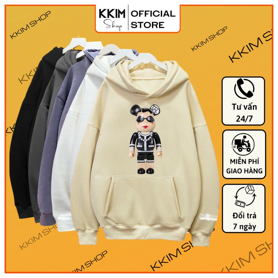 Áo Nỉ HOODIE BEARBRICK (tay áo in Phản Quang Bạc), Form Rộng CHUẨN Xu Hướng, áo nỉ bông hoodie unisex nam nữ. kkim shop
