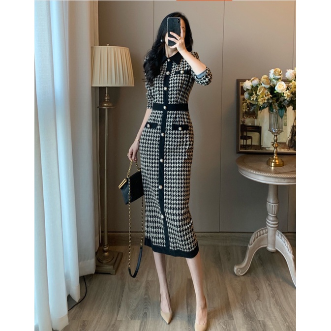 Đầm dệt kim dáng dài ôm eo kiểu retro Pháp thời trang thu đông dành cho nữ