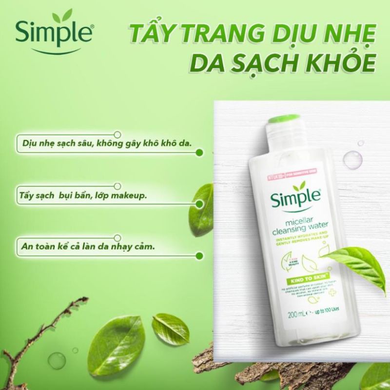 Combo 4 món dưỡng da dịu nhẹ Simple nước hoa hồng + nước tẩy trang + sữa rửa mặt + kem dưỡng ẩm