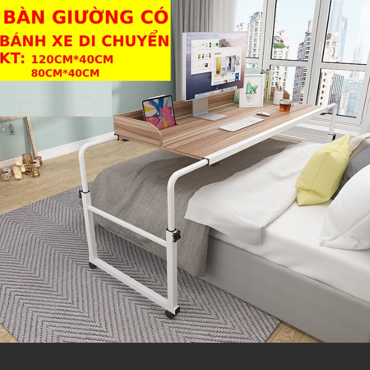 Bàn Làm Việc Giường Có Bánh Xe♥️ KÍCH THƯỚC 120*40cm♥️ Có 2 Màu Nâu Và Kem Sáng - Siêu Tiện Lợi