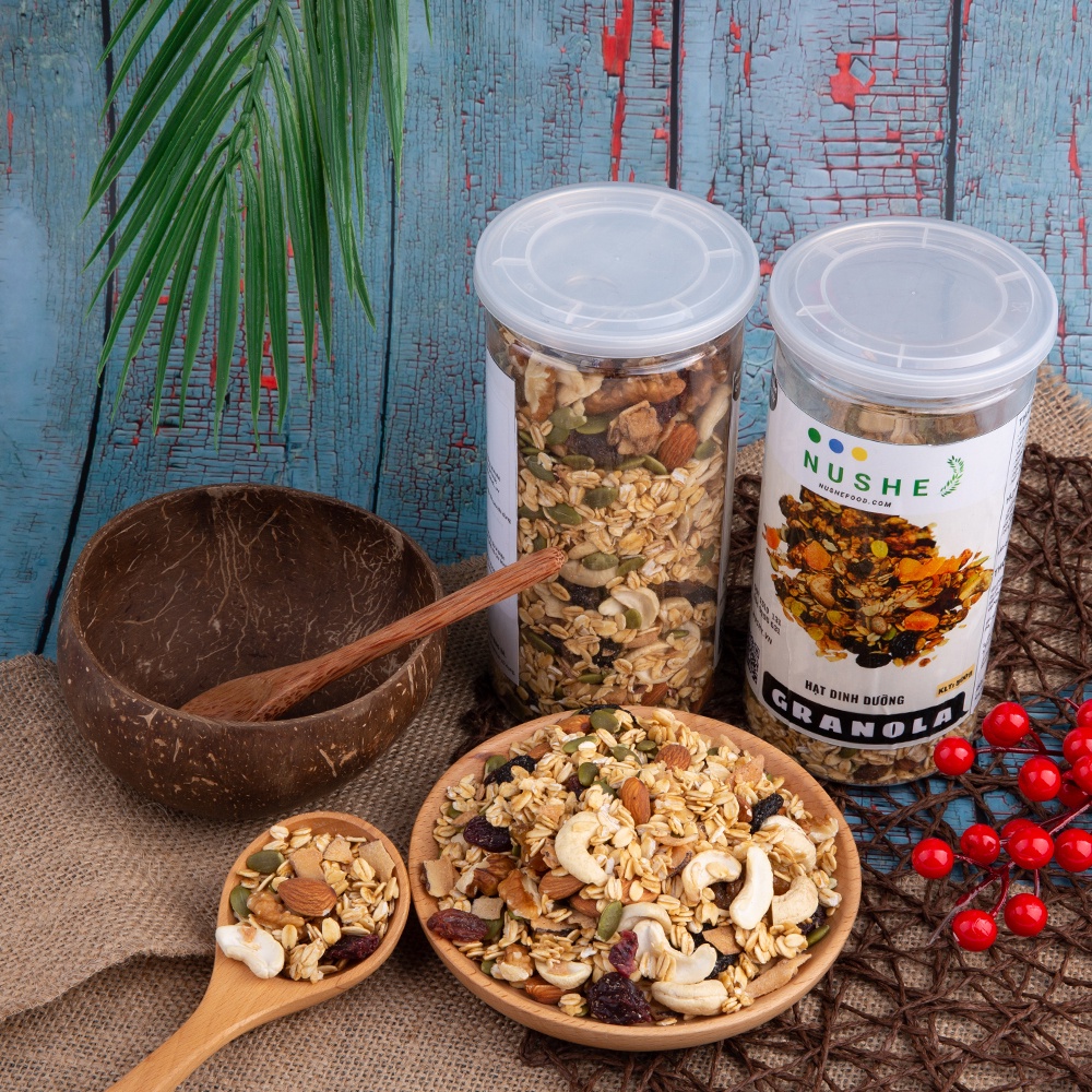 Granola ăn sáng Nushe Food 500g, Ngũ cốc Vip, 40% yến mạch, kiểm soát cân nặng, dinh dưỡng cao