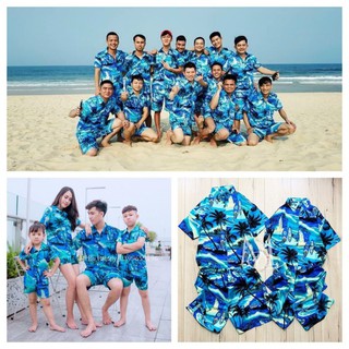 (Có size trẻ em)Bộ đồ đi biển nam nữ chất đẹp mẫu cây dừa cổ sơ mi