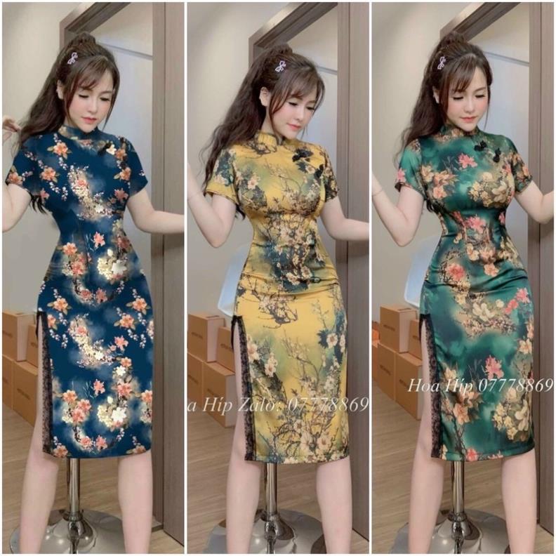 TB8 Váy đầm nữ body sườn xám cổ tàu trung hoa áo dài cách tân xẻ tà phối ren