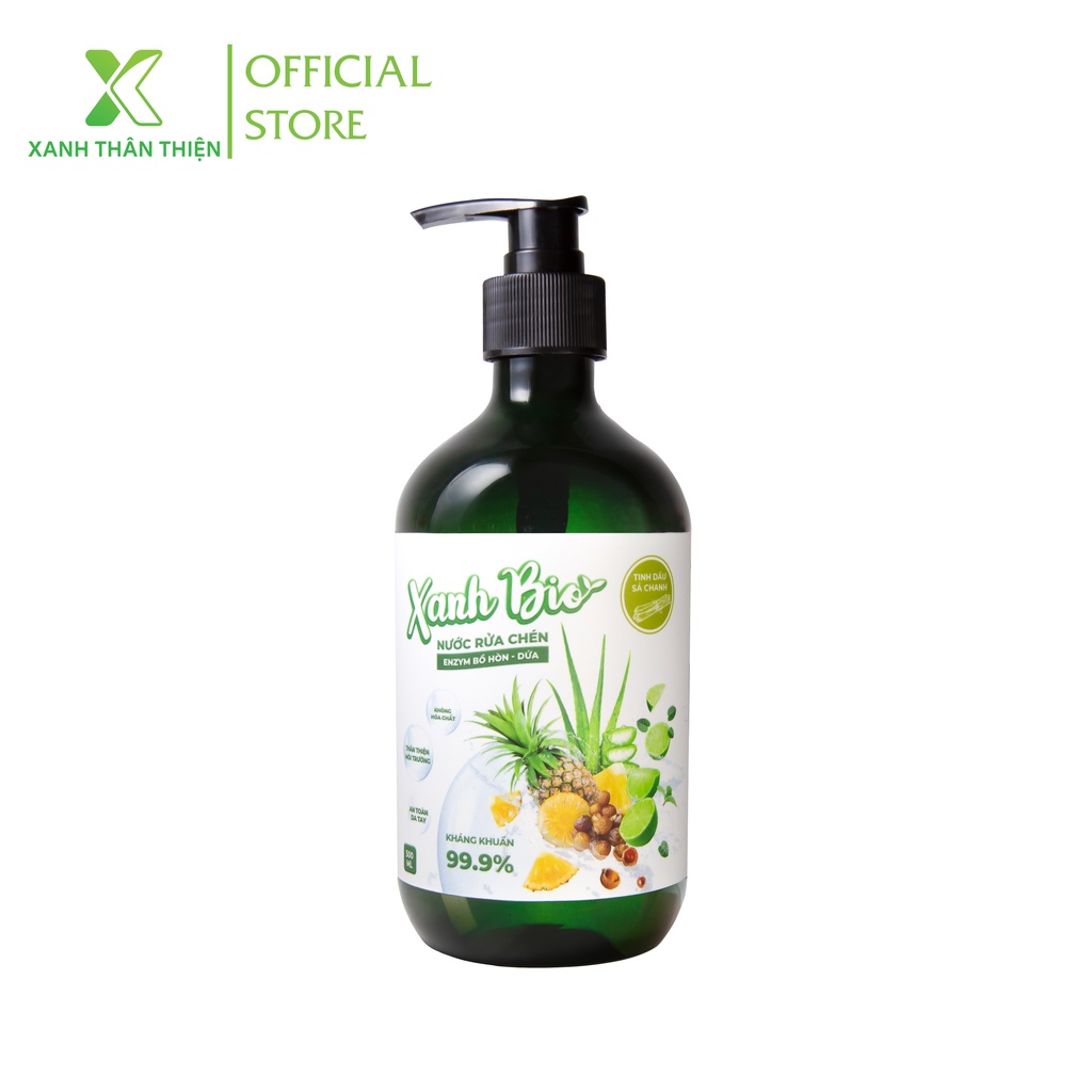 Nước rửa chén Xanh Thân Thiện enzym bồ hòn dứa Xanh Bio - Tinh dầu Sả Chanh 500ml cho da nhạy cảm