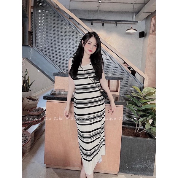 VÁY LEN KẺ NGANG 3 LỖ 2 MÀU ĐEN BE