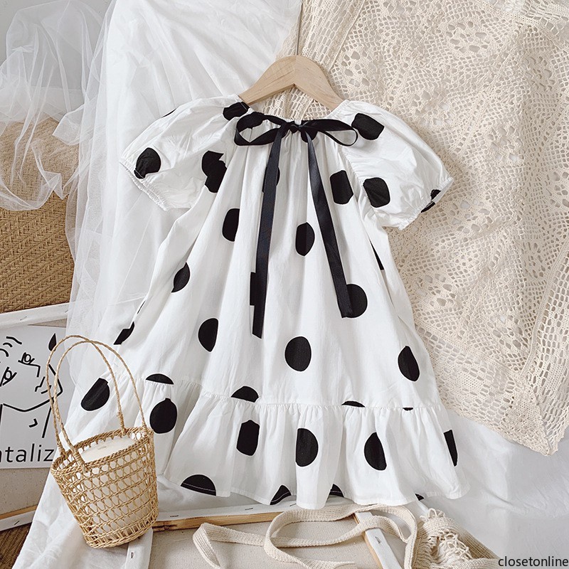 Đầm Công Chúa Tay Ngắn Phồng Cột Dây In Họa Tiết Chấm Bi Thời Trang Ngọt Ngào Cho Bé Gái