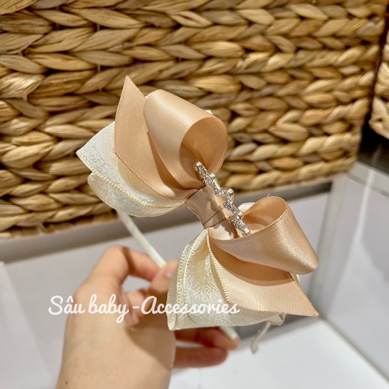 Bờm xước tóc handmade nơ voan kem nâu vương miện cho bé