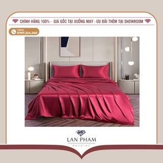 (Loại 1) Bộ Chăn Trần Bông Ga Gối Phi Lụa 5 Món Cao Cấp Lan Bedding Mát Lạnh Màu Đỏ Tươi