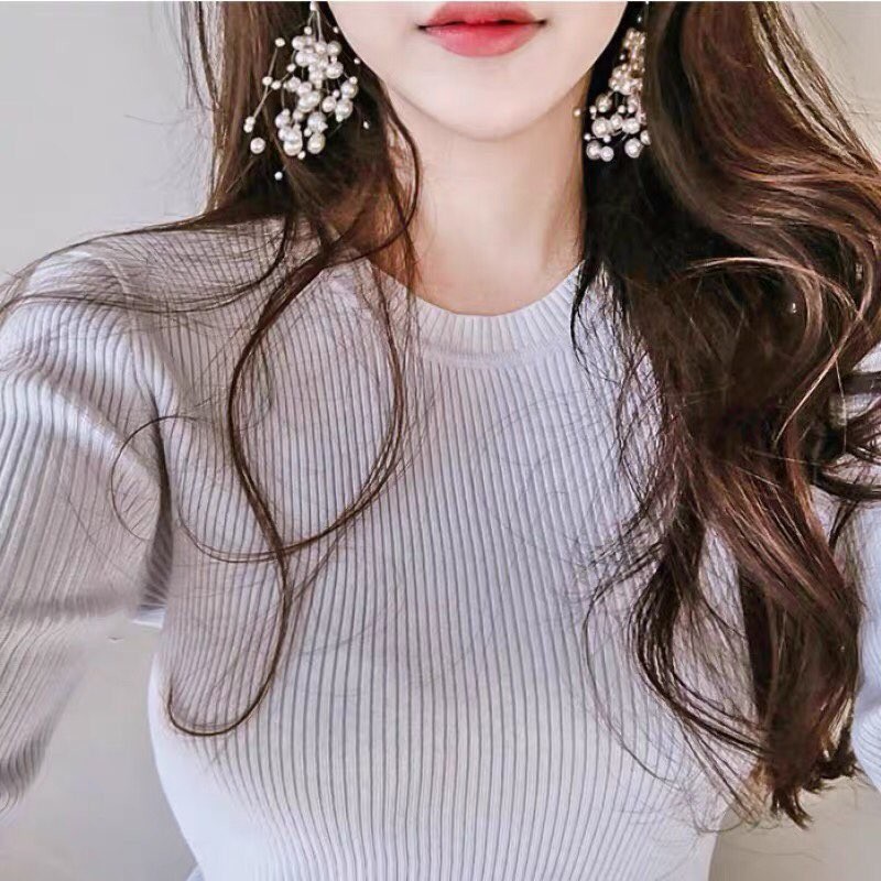 khuyên tai hoa tai ngọc trai nhân tạo tua rua dài phong cách Hàn Quốc sang chảnh