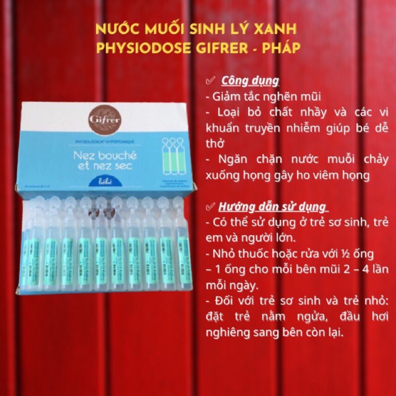 Nước Muối Sinh Lý Gifrer - Physiodose Pháp Tép Hồng/ Xanh/ Vàng Cho Bé Từ Sơ Sinh