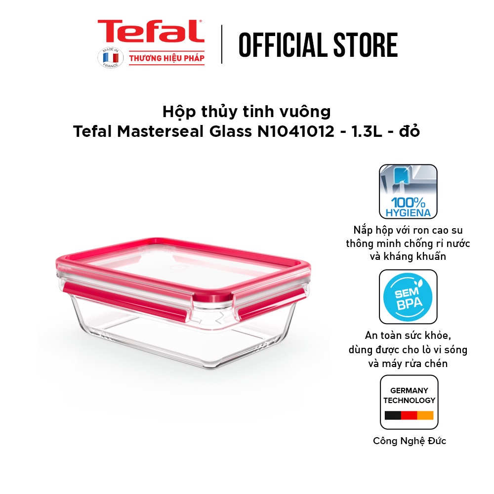 [LIFEMC11BPC -8% đơn 350K] Hộp thủy tinh vuông Tefal Masterseal N1041012 - 1.3L - đỏ