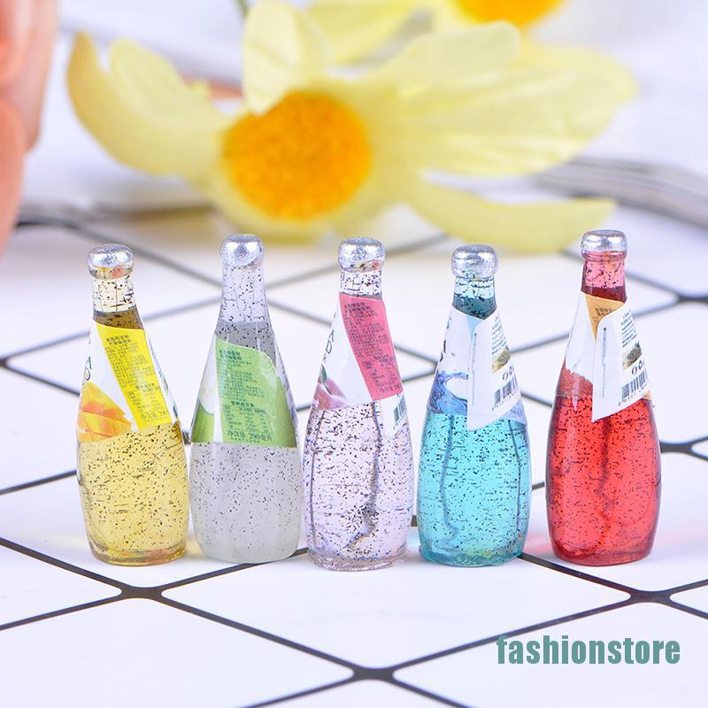 Set 5 mô hình chai nước uống trái cây mini tỉ lệ 1/ 12 trang trí nhà búp bê