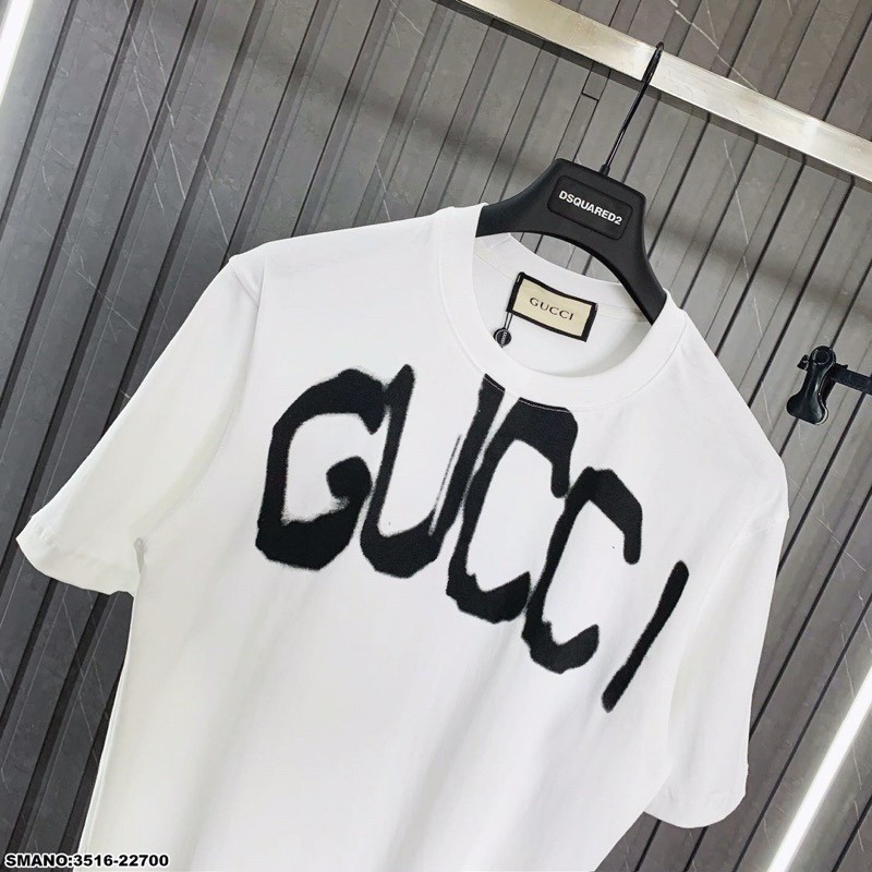 Áo Cộc Tay Trắng Nam Nữ Chữ Gucci Đậm Vải Cotton Cao Cấp Co Giãn 4 Chiều