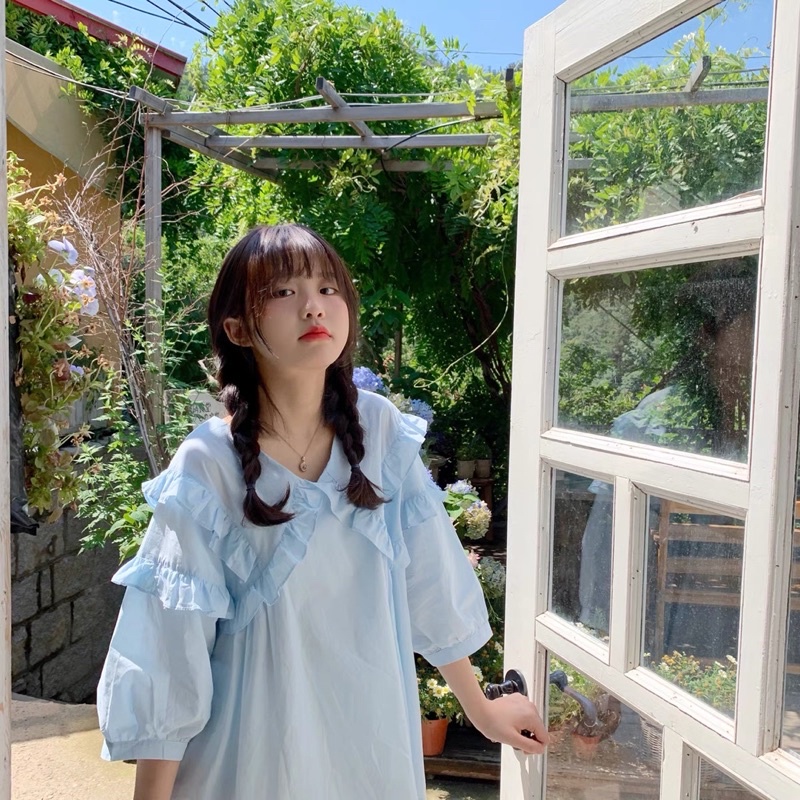 Áo sơ mi cổ chiếc lá viền bèo tay bo lửng tiểu thư dễ thương ulzzang Hàn Quốc [Yannie]