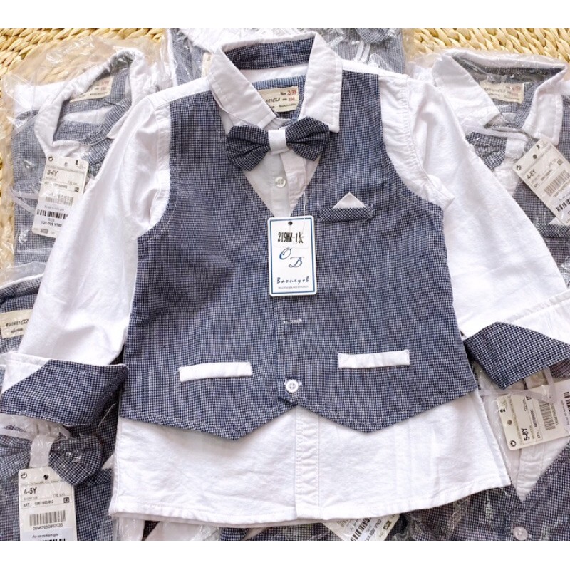 Áo sơ mi đính kèm gile(mua 1 mà được 2 luôn ạ), bé diện kèm quần jean hoặc trong vest hàng có sẵn, kèm ảnh thật, video