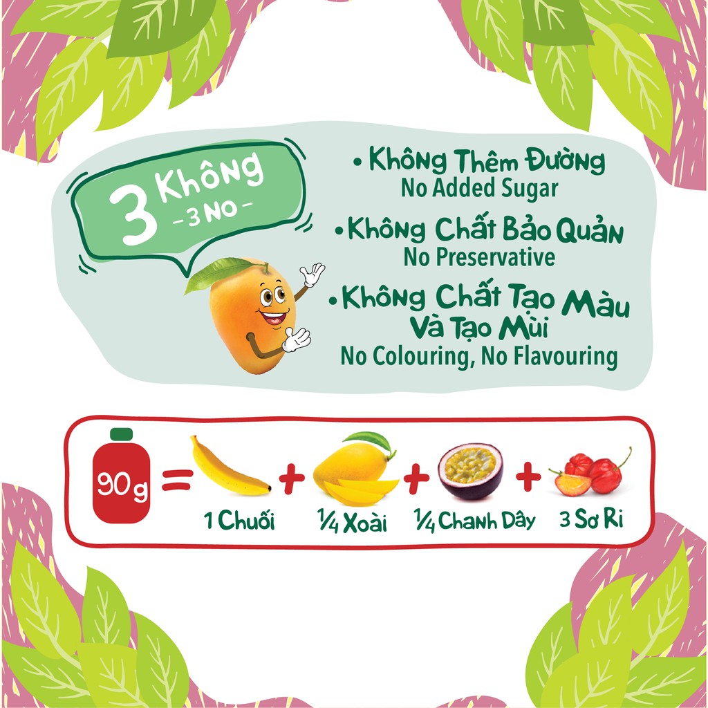 FRUIT ME UP - Xoài chuối chanh dây - Trái cây xay nhuyễn nguyên chất - 90gx40