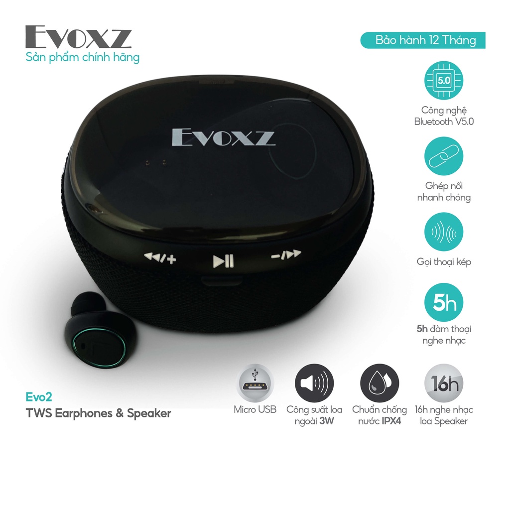 Tai nghe Bluetooth TWS Evoxz EVo2  - màu đen