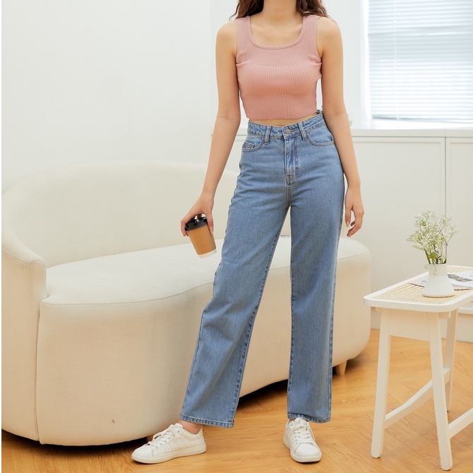Quần Jeans Nữ Lưng Cao Ống Suông Rộng Màu Xanh LDL-102
