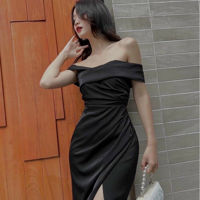 Đầm maxi bẹt vai xẻ đùi TRIPBLE T DRESS chất phi thun lụa - MS240Y