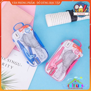 Bộ dụng cụ học sinh 8pcs deli g30204 - thước kẻ, compa, eke, đo độ, tẩy, gọt chì