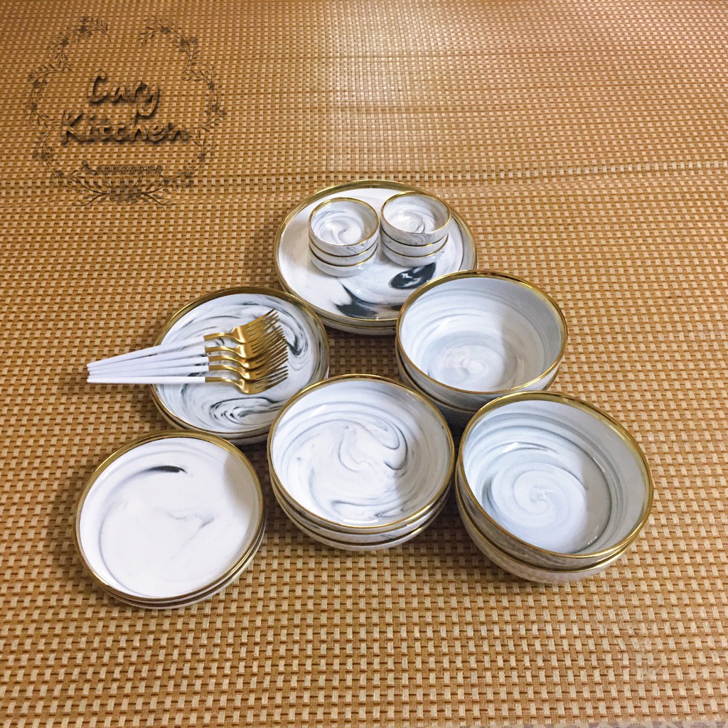 Set chén đĩa vân đá loang trắng phong cách bắc âu sang trọng