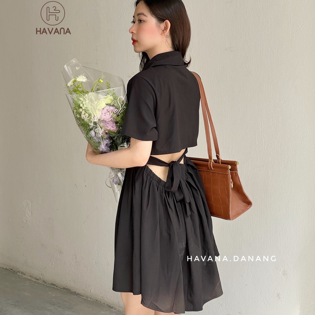 Đầm sơ mi nữ cộc tay dáng xòe, đầm polo khoét lưng eo chun buộc nơ phong cách AE182