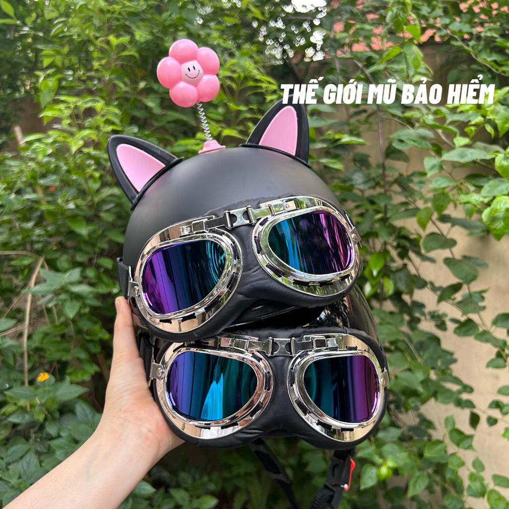 Nón bảo hiểm nửa đầu kính phi công kèm TAI MÈO 2 màu và bông hoa gắn mũ bảo hiểm 1/2 dễ thương,tặng kèm stiker dán mũ