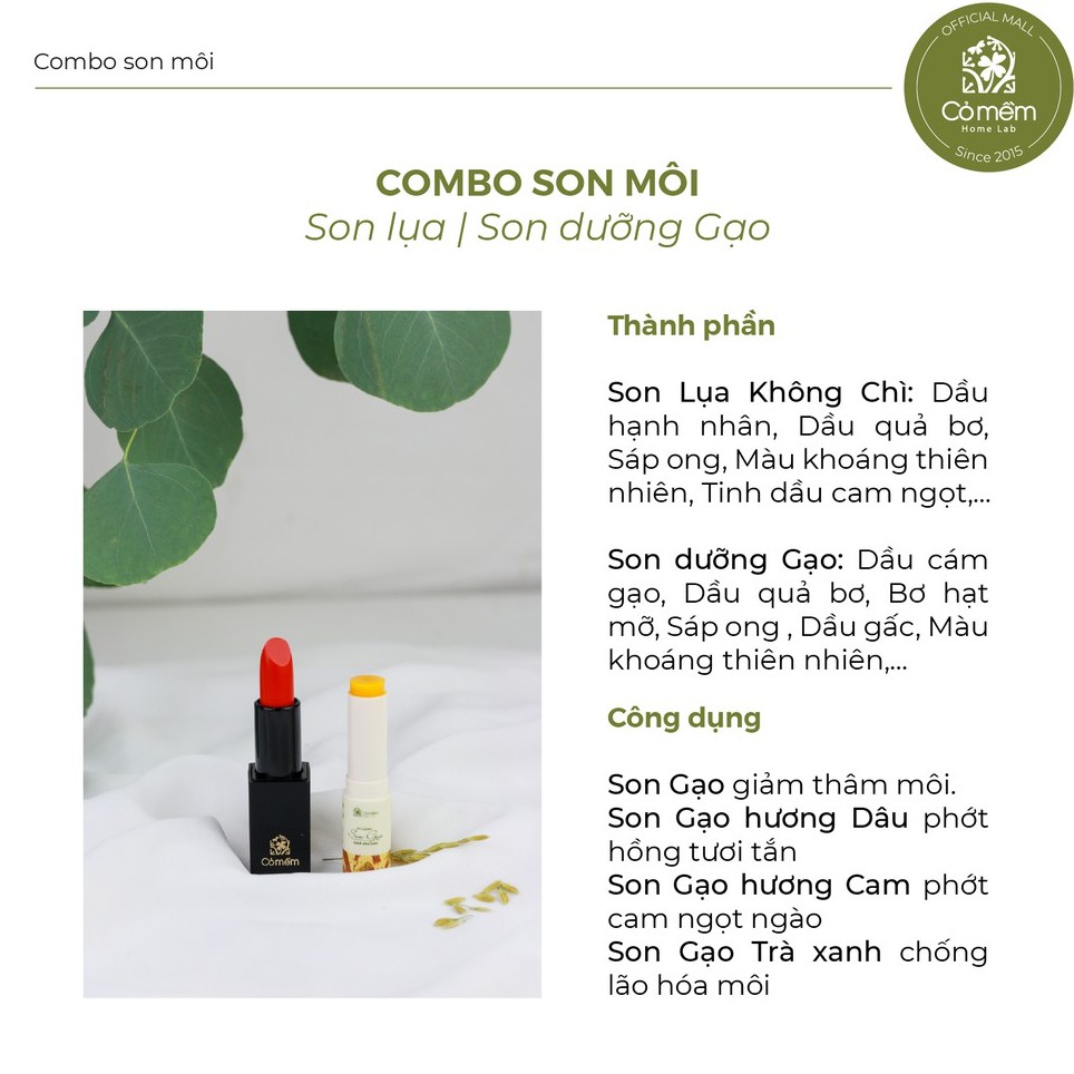 Bộ Chăm Sóc Môi Xinh - Combo Môi Xinh (Son Lụa + Son Dưỡng) Cỏ Mềm