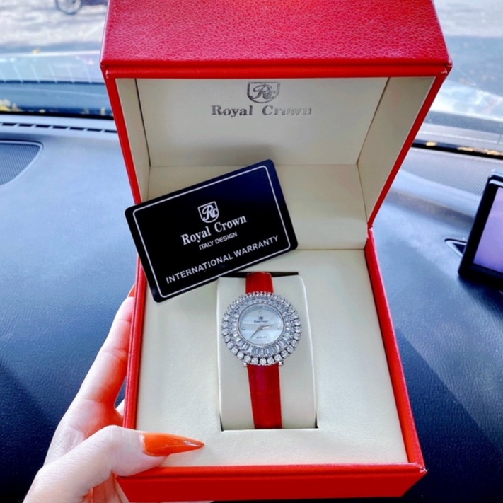 Đồng hồ nữ dây da, đồng hồ đeo tay nữ ROYAL CROWN chính hãng full hộp cao cấp, đính kim cương nhân tạo siêu sang chảnh