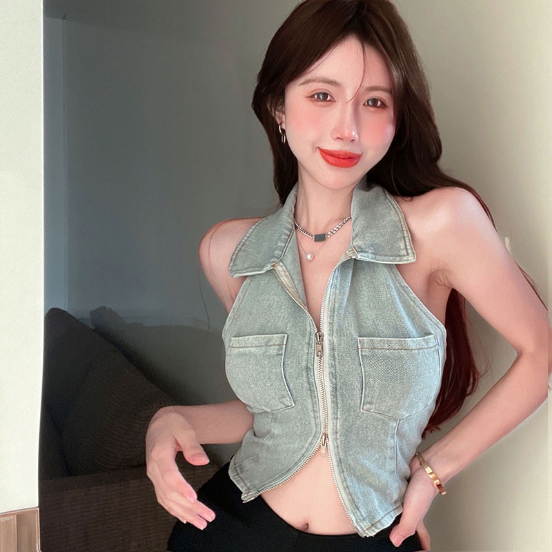 Áo Croptop Sát Nách Chất Liệu Denim Thời Trang Cho Nữ