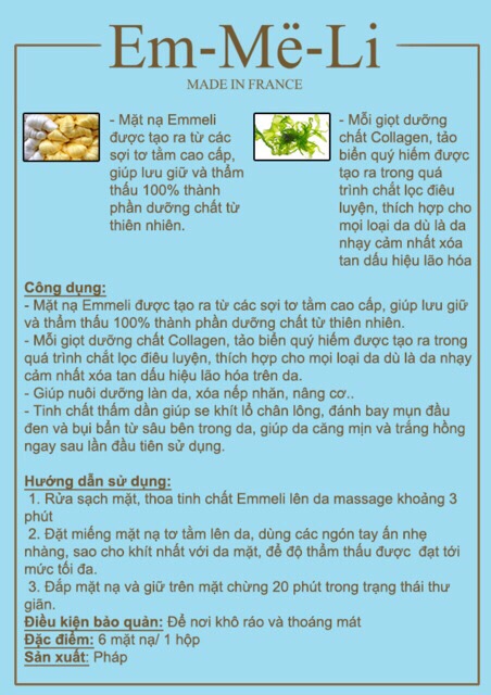 6 Mặt nạ lụa tơ tằm EMMELIE Silk Mask 3D Pháp