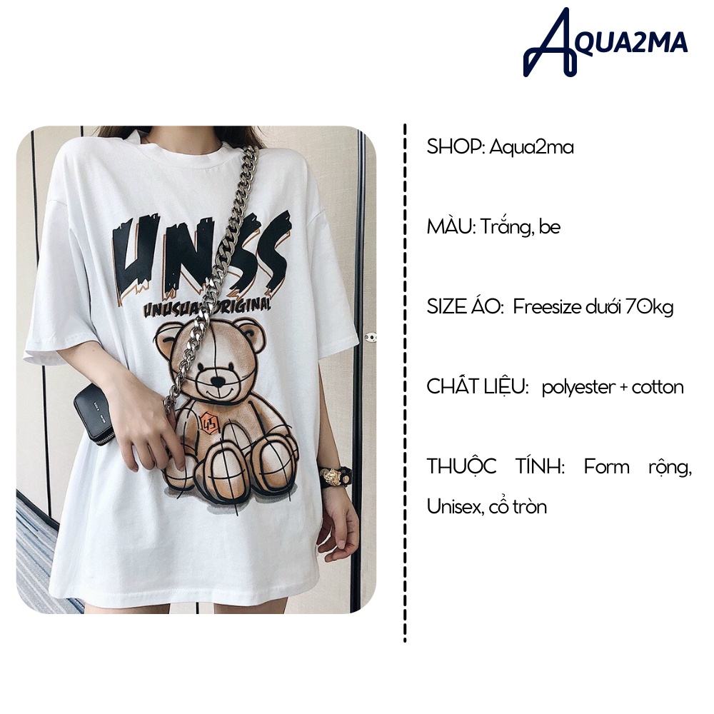 Áo thun tay lỡ Aqua2ma áo phông form rộng Gấu UNSS Cotton rẻ đẹp freesize 40-70kg