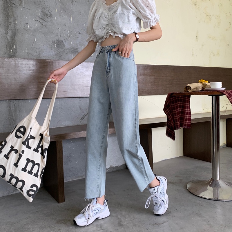 Quần jean baggy xanh SIMPLE nữ ống rộng rách gấu, dáng suông