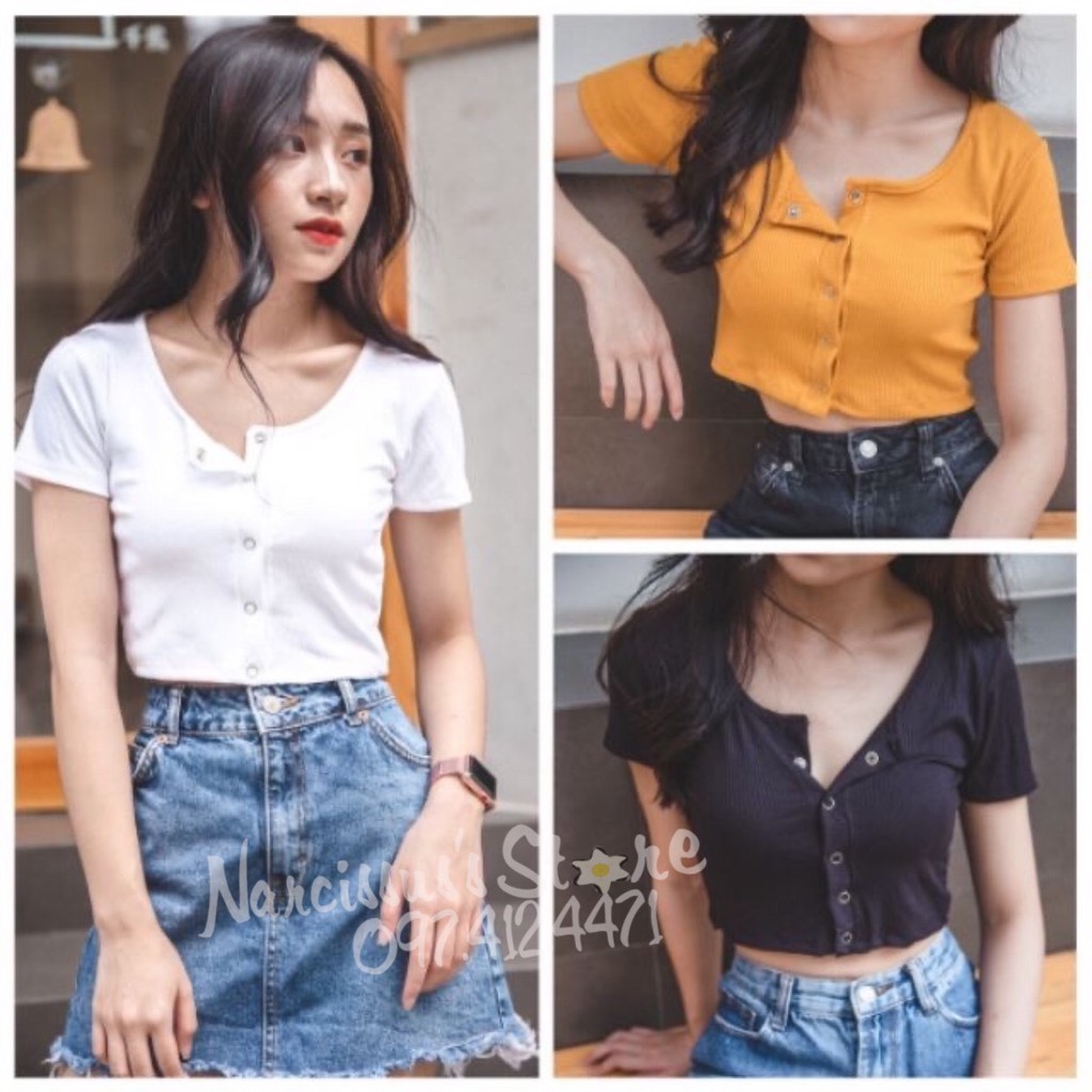 🍁Ảnh tự chụp - kèm video🍁 Áo croptop thun gân phối cúc bấm HOT🔥/ áo thun nữ/ áo thun/ áo nữ/ croptop/ tay ngắn | BigBuy360 - bigbuy360.vn