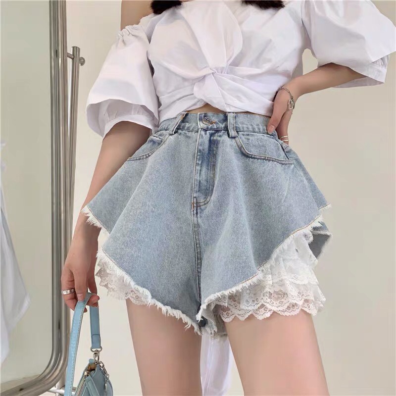 [ORDER]- Áo croptop buộc nơ tay phồng/ Quần ren tầng/ Quần short jeans tua dáng xòe