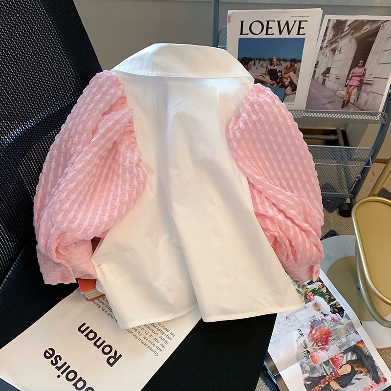 Áo Sơ Mi Ngắn Tay Phồng Ngắn Cổ Bẻ Phối Nút Hình Trái Tim Màu Hồng Ngọt Ngào Thời Trang Mùa Hè Cho Nữ