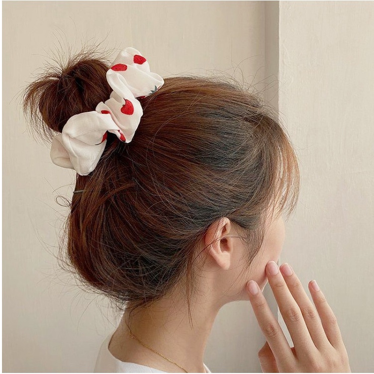 Dây Cột Tóc Cao Su Bọc Vải In Họa Tiết Dâu Tây Dễ Thương Phong Cách Hàn Quốc Thời Trang Cho Nữ