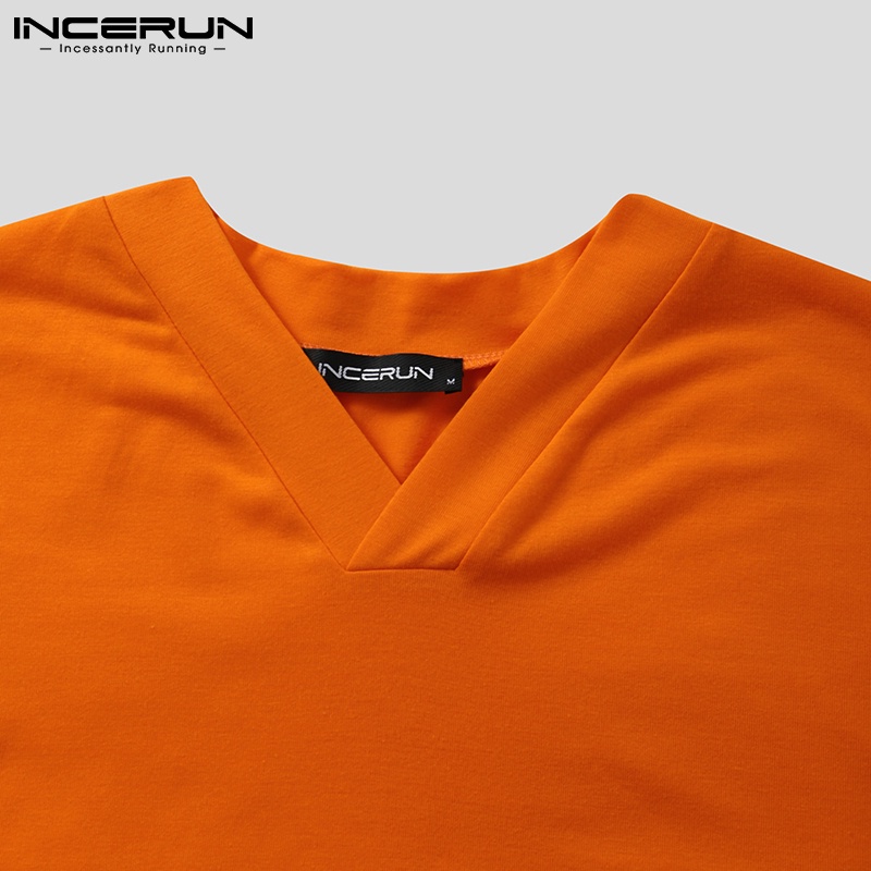 Áo thun nam INCERUN dáng thụng màu trơn tay ngắn cổ V thời trang thường ngày