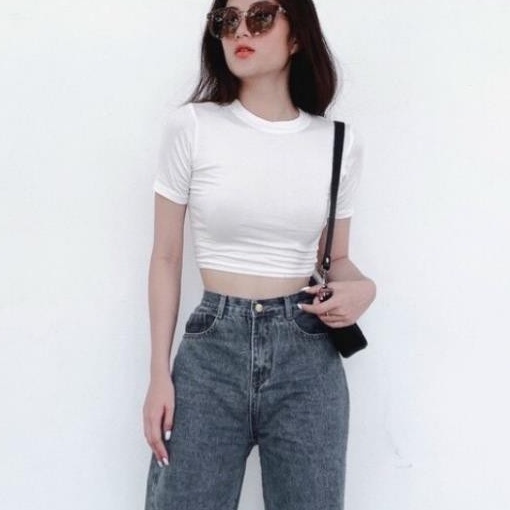 Áo thun croptop nữ MADELA cổ tròn dáng ôm tay ngắn , croptop nữ cổ tròn tay ngắn vải co giãn 4 chiều | BigBuy360 - bigbuy360.vn
