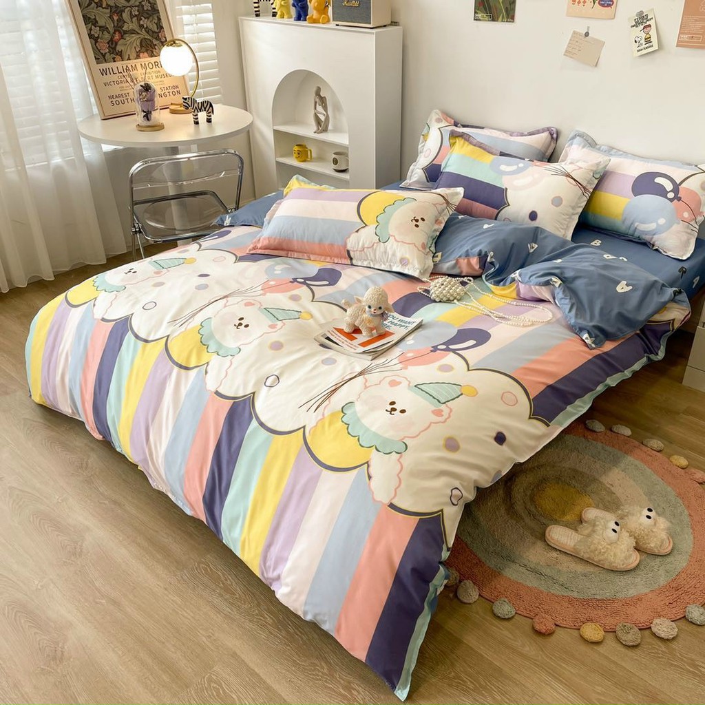 Bộ chăn ga gối cotton poly Lidaco decor phòng ngủ vintage - Thỏ Cầu Vồng (SP001432)