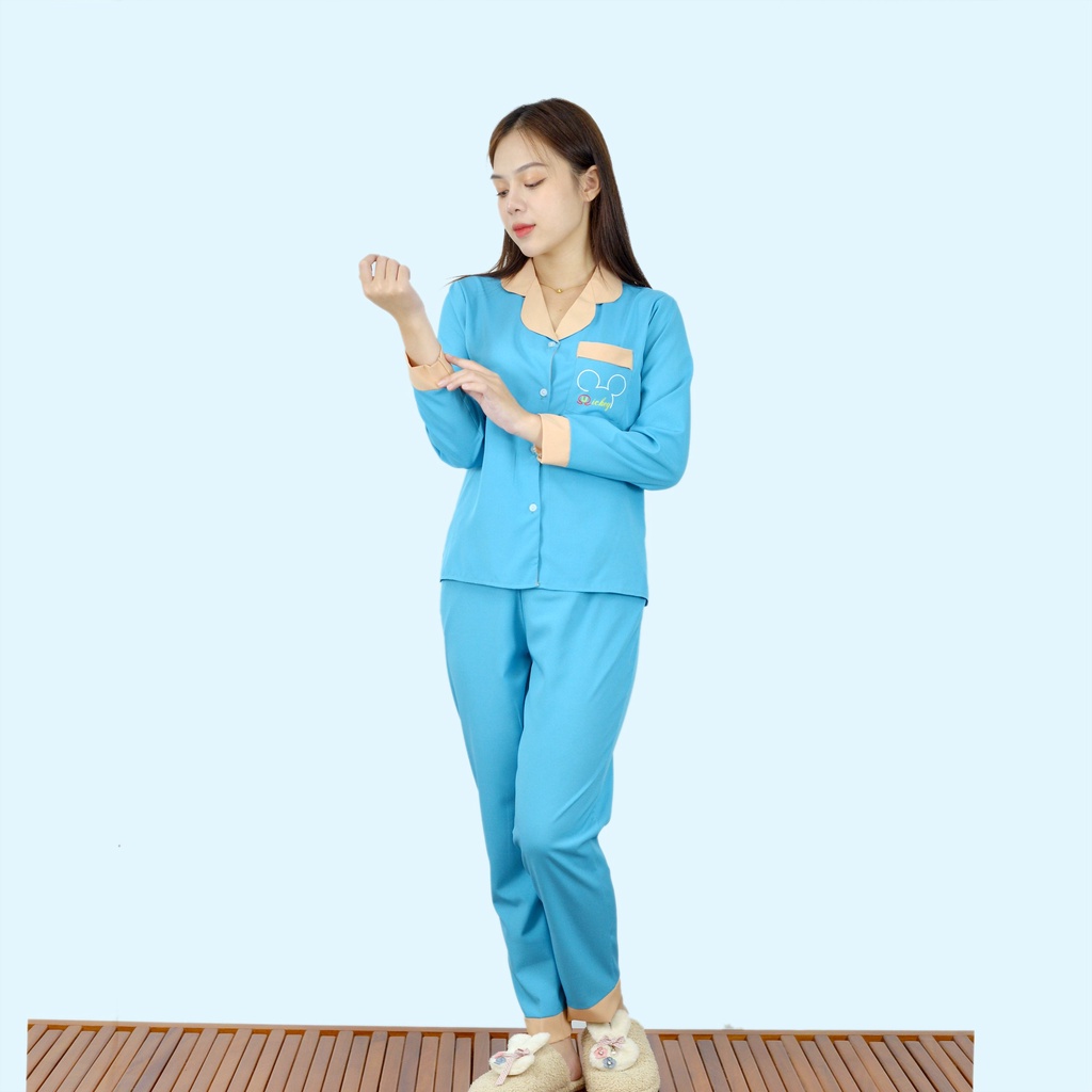 Bộ đồ bộ Pijama màu XANH BIỂN PHA SỮA tay dài quần dài lụa cao cấp - Thoải Mái Nhẹ Nhàng