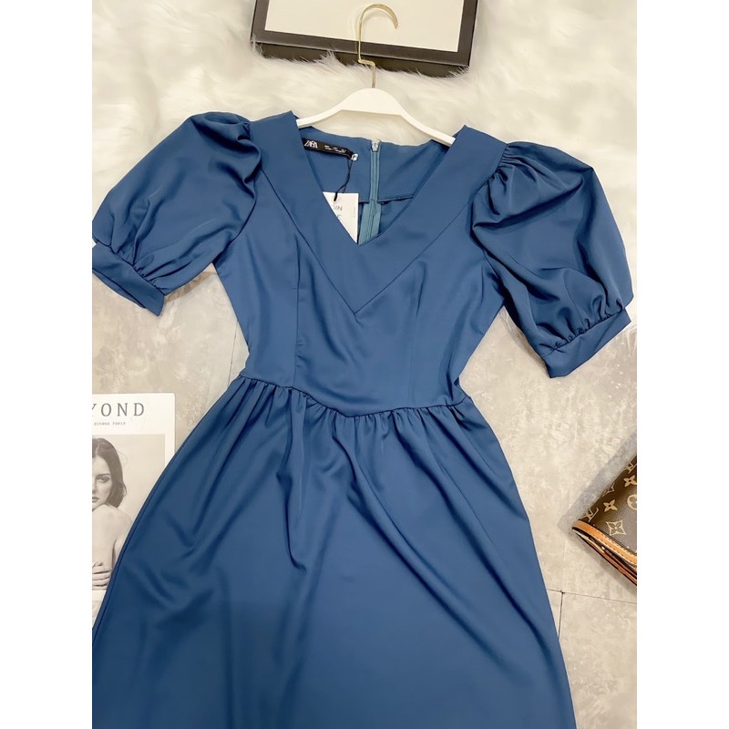 VNU234 - VÁY XANH VINTAGE CỔ V TAY BỒNG | BigBuy360 - bigbuy360.vn