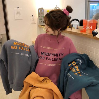 Áo sweater nữ, nam dáng rộng tay dài cổ đứng chất nỉ lót bông ấm phong cách mới 2021
