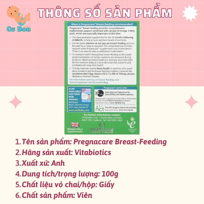 Vitamin tổng hợp Pregnacare Breast-Feeding (84v) giúp lợi sữa tăng cường đề kháng cho mẹ cho con bú sau sinh, UK