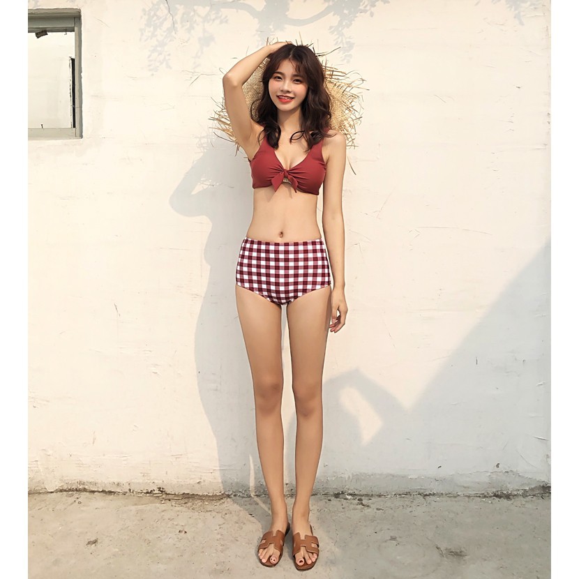 Bikini retro cạp cao caro đỏ hàn quốc cao cấp (ảnh thật + feedback) yesnow | BigBuy360 - bigbuy360.vn