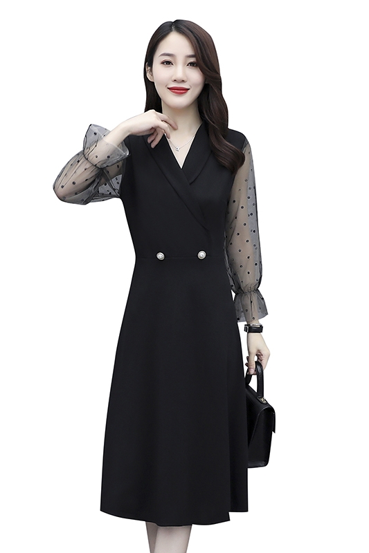 L-5XL Plus Size Women Korean Fashion Dress Casual Loose Long Sleeve Mesh Patchwork Party Midi Dresses