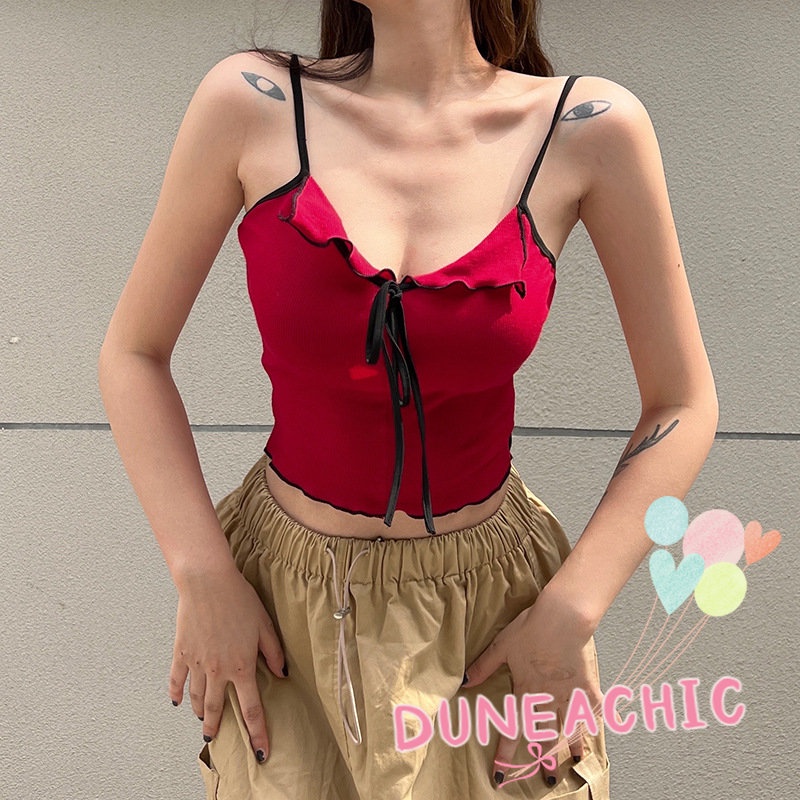 DUNEA Áo Croptop Hai Dây Hở Lưng Phối Bèo Màu Khối Thời Trang Cho Nữ