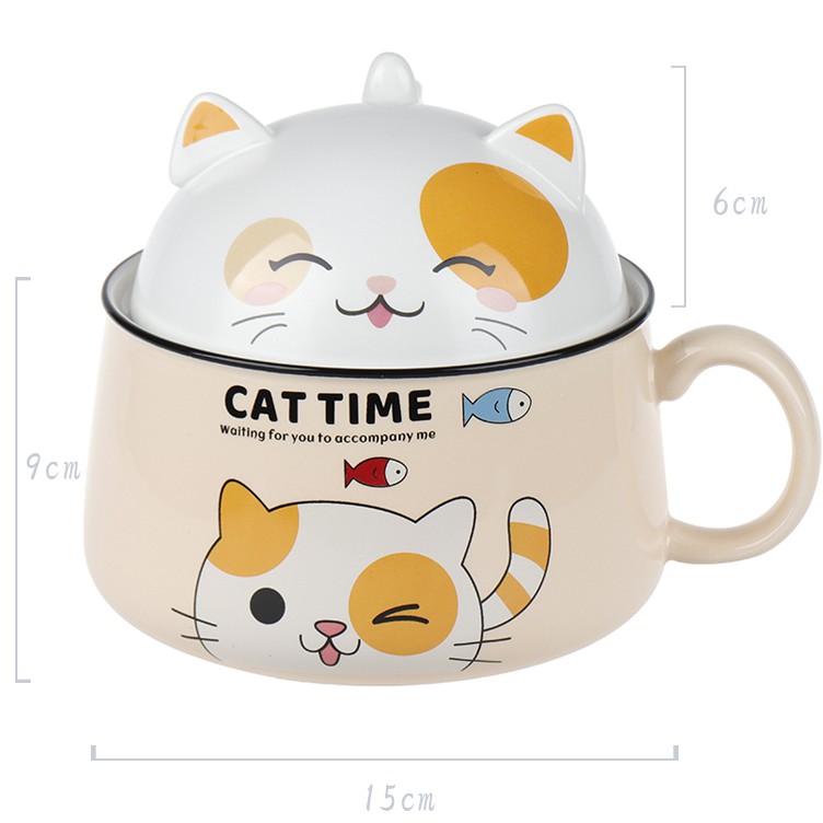 Bát sứ ăn mì có nắp hoạ tiết mèo dễ thương