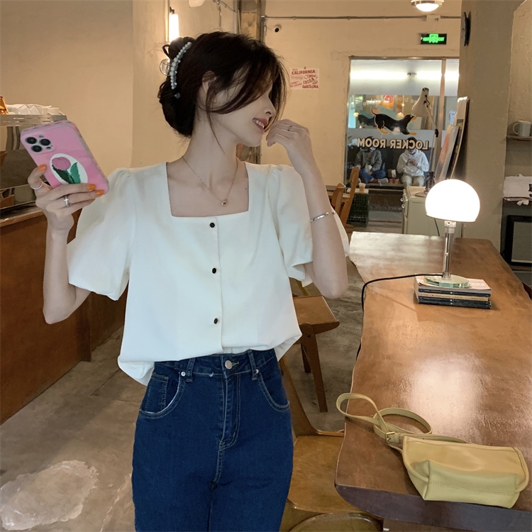 SUXI Áo Kiểu Cổ Vuông Tay Phồng Ngắn Thời Trang Mùa Hè Xinh Xắn Cho Nữ